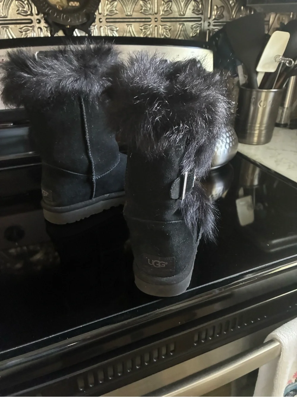 UGG Black Suede Fur-Trim Mid-Calf Boots with Buckle